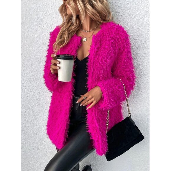 Plus Size Fuzzy Faux Fur Coat Waterfall Collar Long Sleeves Warm Outwear - Picture 3 of 5